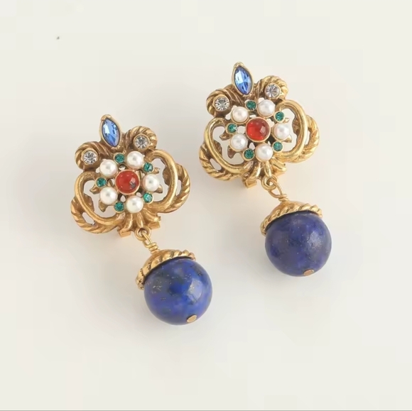 Vintage Blue and Gold Drop Earrings - Picture 5 of 8